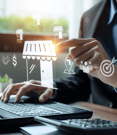 Homem selecionando o ícone de franquias virtualmente na frente dele