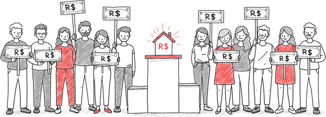No consórcio também é possível ser contemplado por meio do lance que é uma oferta lançada durante a assembleia do grupo Doze pessoas segurando placas com o símbolo R$ alinhadas com um pódio ao centro onde se encontra uma casa no primeiro lugar