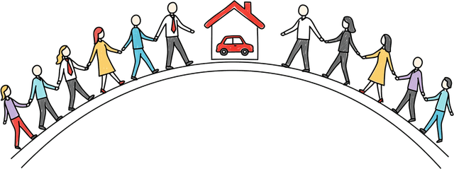 O consórcio vale a pena para quem gosta de planejar com antecedência e não quer pagar juros de financiamento Ilustração de várias pessoas dando as mãos enquanto caminham em direção ao seu objetivo de conquistar uma casa ou um carro