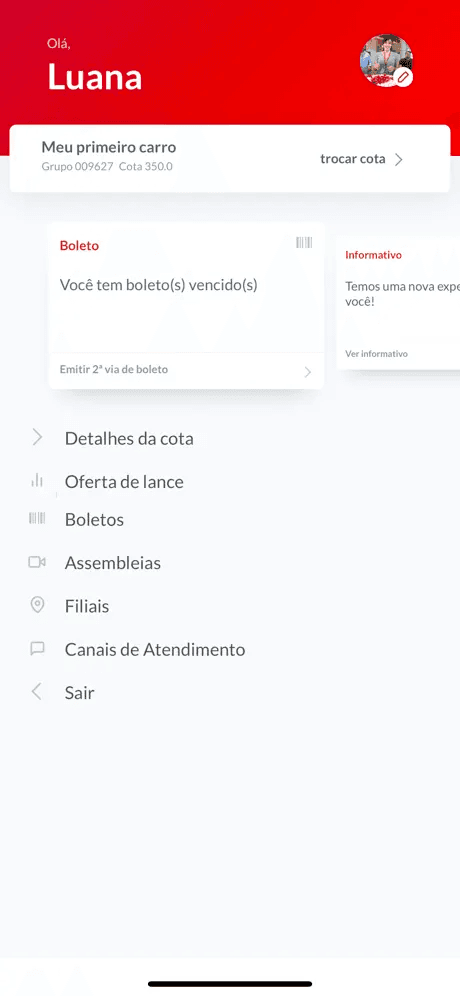 Confira detalhes da sua cota, lances, boletos, assembleias e canais de atendimento pelo APP Embracon Tela do aplicativo Embracon exibindo as informações do cliente