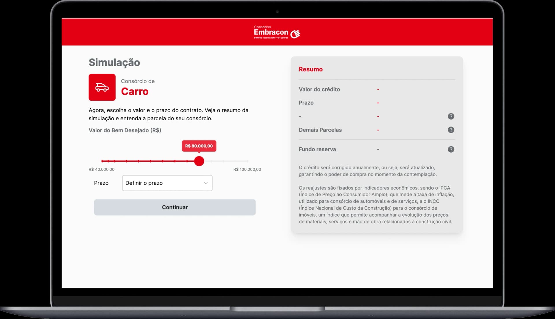 Fazer a simulação é a melhor maneira de entender como o consórcio pode se encaixar no seu orçamento. Tela do computador mostrando a simulação do consórcio de carro Embracon